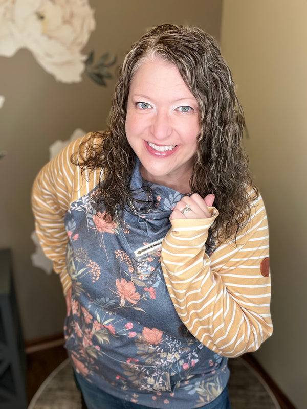 Cozy Cowl Neck Floral and Striped Sweatshirt